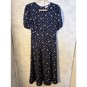 Eva.Mendes women’s dress fit flare navy pink flowers satin coquette, feminine